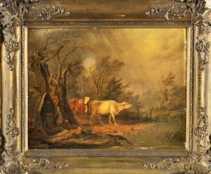 Zwei Kuhe In Verregneter Landschaft Mit Knorrigem Baum, In Dem Sich Ein Hirte Mit Seinem Hund Unterstellt, Auf Dem Weg Zur Tranke by Albert T. Kjellberg