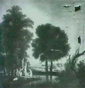 A Wooded Landscape With Nymphs Adoring A Term