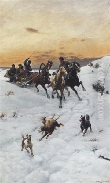 Figures In A Horse Drawn Sleigh In A Winter Landscape - view 1