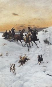 Figures In A Horse Drawn Sleigh In A Winter Landscape by Bohdan von Kleczynski