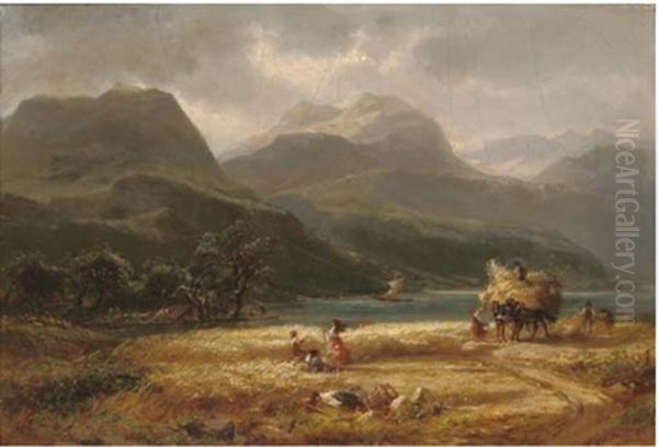 Harvesters By A Mountain Lake - view 1