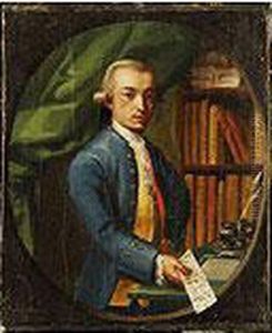 Retrato De Caballero De Medio Cuerpo Sentado En Una Biblioteca Con Una Carta En Su Mano Derecha