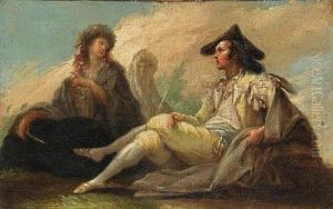 A Youth Seated With A Basket; And A Seated Majo And Maja Inconversation by Ramon Bayeu Y Subias