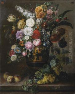 A Still Life Of Roses, Peonies, Carnations, Tulips And Otherflowers In A Classical Vase, Together With Grapes On The Vine Andpeaches, All On A Stone Ledge