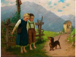 Zwei Kinder Mit Hund Auf Einem Gebirgsweg