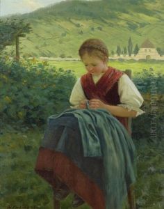 Die Junge Schneiderin (madchen In Tiroler Tracht Mit Einer Naharbeit) by Theodor Kleehaas