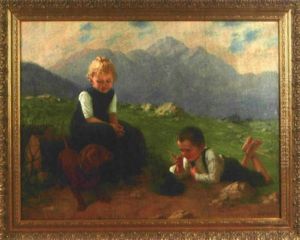 Geschwisterparchen Mit Dackel Spielend Auf Der Hochalm Vor Felsenpanorama