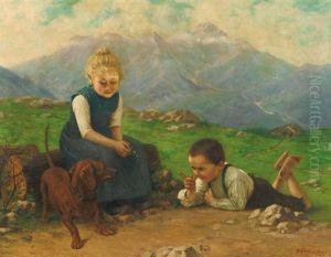 Kinderpaar Auf Einer Alm Erzieht Einen Dackel by Theodor Kleehaas