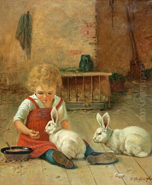 Madchen Mit Zwei Hasen-girl Playing With Two Rabbits - view 1