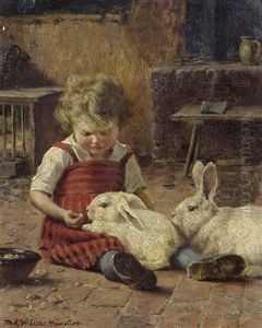 Madchen Mit Zwei Hasen by Theodor Kleehaas