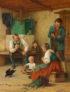 Interior Med En Bondefamilie. Et Lille Barn Forstyrres I Sin Middag Af En Sort Ravn