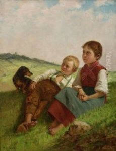 Geschwisterpaar Mit Dackel Auf Der Wiese