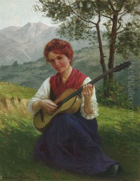 Madchen Mit Gitarre Auf Einer Almwiese - view 1
