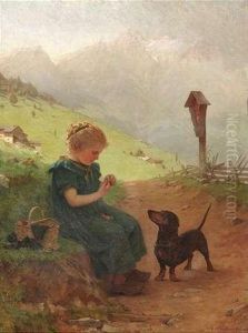 Ein Kleines Madchen Sitzt, Begleitet Von Ihrem Hund, Am Wegesrand Ein Kleines Madchen Sitzt, Begleitet Von Ihrem Hund, Am Wegesrand