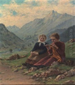 Alm Mit Vergnugten Madchen Beim Stricken by Theodor Kleehaas