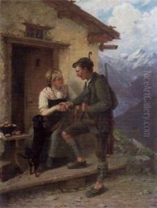 Jager Und Sennerin Vor Der Almhutte Im Gebirge by Theodor Kleehaas