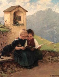 Two Young Girls And A Dachshund In An Alpine Landscape