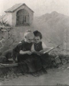 Zwei Madchen Mit Einem Bilderbuch Und Dackel Zwei Madchen Mit Einem Bilderbuch Und Dackel