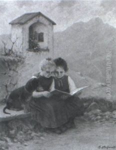 Two Children Reading A Book By A Shrine