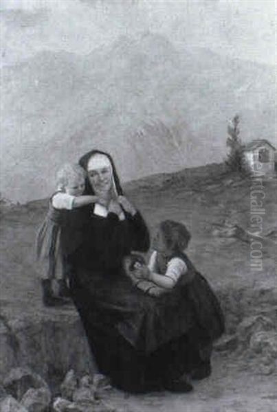 Nonne Mit Zwei Kindern In Gebirgslandschaft - view 1