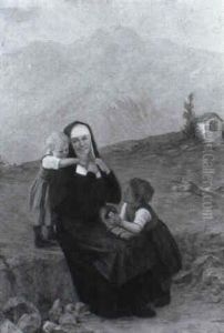 Nonne Mit Zwei Kindern In Gebirgslandschaft