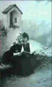 Zwei Lesende Kinder Und Ein Dackel Vor Einem Steinmarterl by Theodor Kleehaas