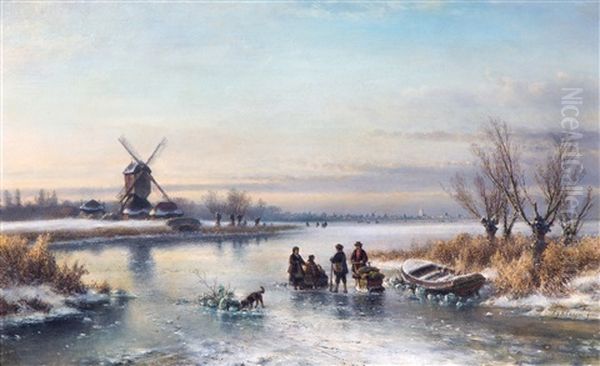 Dutch Winter Landscape With Figures On A Frozen Waterway - view 1