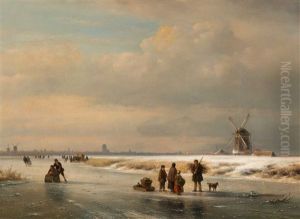 Icescape With 'koek-en-zopie-tent' And The City Of Dordrecht In The Background by Lodewijk Johannes Kleijn