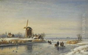 A Winter Landscape With Skaters On A Frozen River, Haarlem In The Distance
