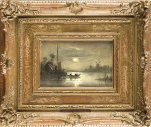 Hollandische Kustenlandschaft Mit Ruderboot Im Mondlicht