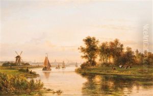 Summer River Landscape With A City In The Background Summer River Landscape With A City In The Background