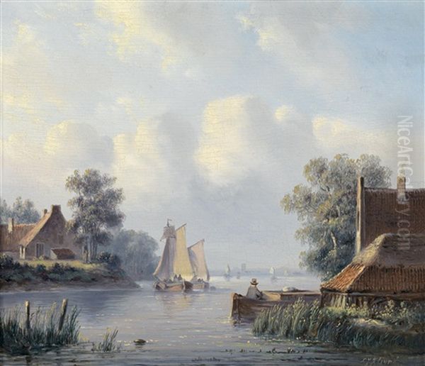 Hollandische Flusslandschaft Mit Fischerbooten - view 1