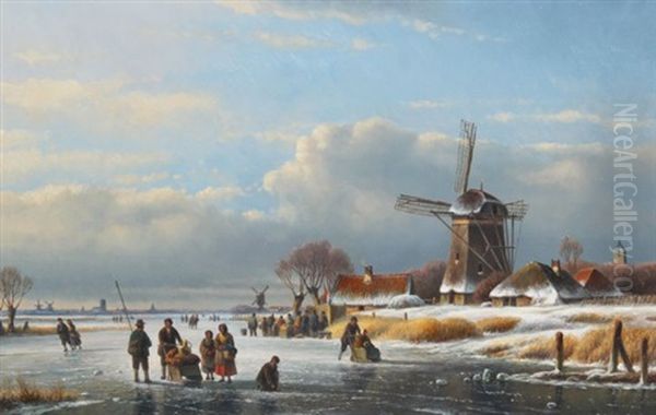 Dutch Winter Skating Scene With Daily Life On The Frozen River, Panoramic Landscape With Windmills And Cloud-spotted Blue Sky - view 1