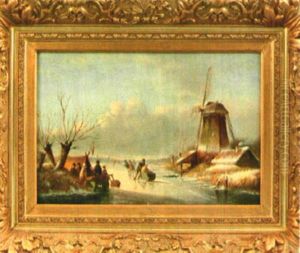 Zugefrorener See An Einer Muhle Mit Munterem Treiben Auf Dem Eis by Lodewijk Johannes Kleijn