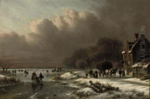 A Winter Landscape With Numerous Figures And A Koek-en-zopie