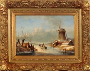 Zugefrorener See An Einer Muhle Mit Munterem Treiben Auf Dem Eis by Lodewijk Johannes Kleijn