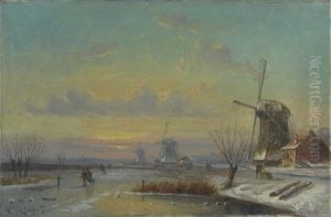 Winter Landscape With Skaters On A Canal Along Three Windmills by Lodewijk Johannes Kleijn