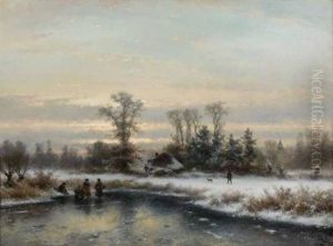 Paysage D'hiver Avec Etang Gele Anime De Chasseurs