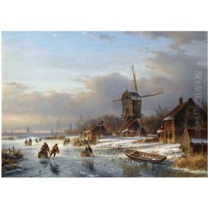 Many Skaters At A Koek En Zopie Near A Windmill by Lodewijk Johannes Kleijn
