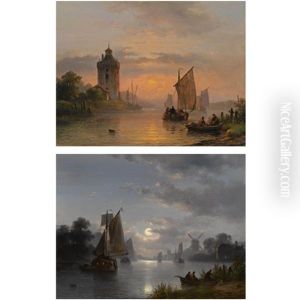 A River Landscape At Dusk (+ A River Landscape At Dawn; Pair) by Lodewijk Johannes Kleijn