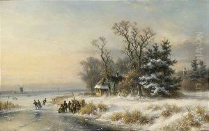 A Winter Landscape With Skaters Near A Koek En Zopie by Lodewijk Johannes Kleijn