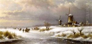 A Winter Landscape With Figures On The Ice And Windmills Beyond by Lodewijk Johannes Kleijn