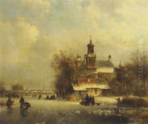 Numerous Skaters On The Ice By A Church On The Ice By A Church, A Koek And Zopie And A Sunlit Town In The Distance Numerous Skaters On The Ice By A Church On The Ice By A Church, A Koek And Zopie And A Sunlit Town In The Distance