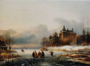 Villagers Conversing On The Ice, A Mansion Beyond