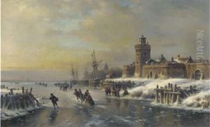 Skaters On A Frozen Estuary By A Fortified Town