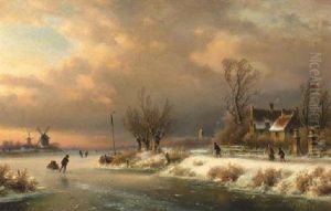 A Snow-covered Landscape With Sakters On A Frozen Waterway