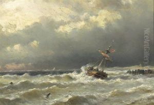 A Sailing Vessel Caught In A Storm Off The Coast by Lodewijk Johannes Kleijn