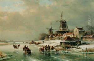 A Winter Landscape With Figures On A Frozen River by Lodewijk Johannes Kleijn
