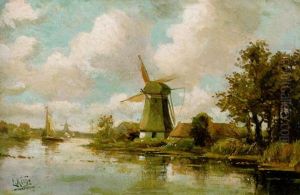 Dorf Mit Windmuhle An Einem Hollandischen Flus by Lodewijk Johannes Kleijn