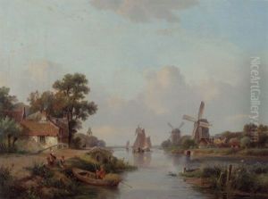 An Extensive River Landscape With Windmills And Sailingvessels